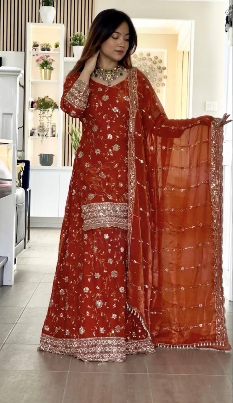 Premium Pure Frendy Silk Embroidered Top Palazzo Dupatta Set