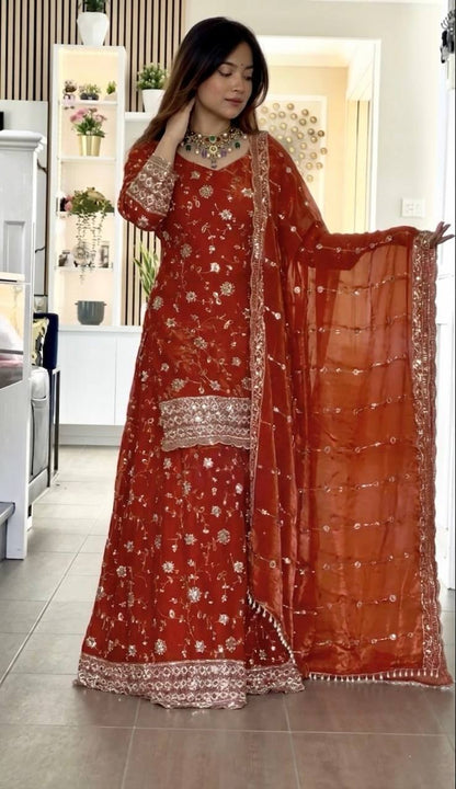 Premium Pure Frendy Silk Embroidered Top Palazzo Dupatta Set