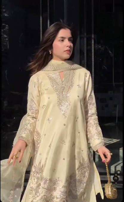 Premium Natural Crepe Silk Sharara Suit with Multi-Needle Sequence Embroidery