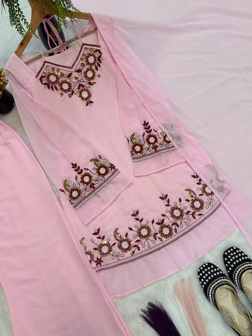 Heavy Faux Georgette Embroidered Peplum Top with Palazzo Set