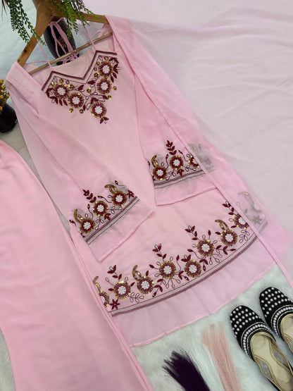 Heavy Faux Georgette Embroidered Peplum Top with Palazzo Set