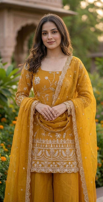 Royal Embroidered Frendy Silk Palazzo Suit Set
