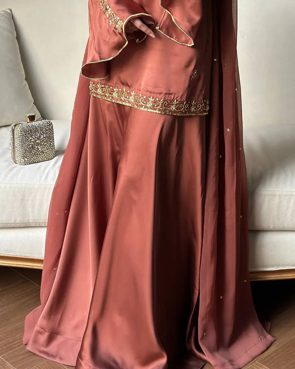 Heavy Natural Crepe Silk Embroidered Sharara Suit Set