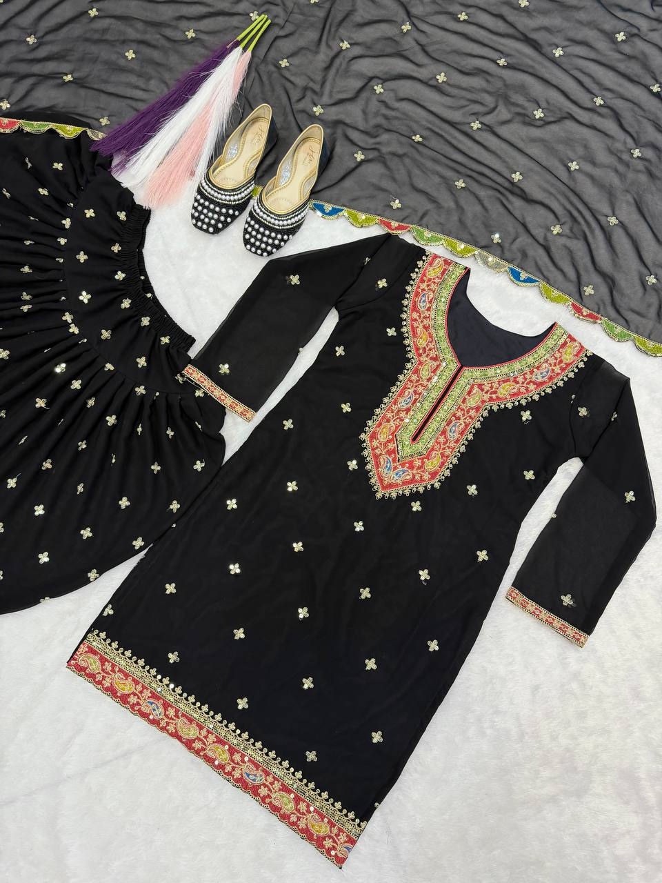 Heavy Faux Georgette Embroidered Dhoti Salwar Suit Set