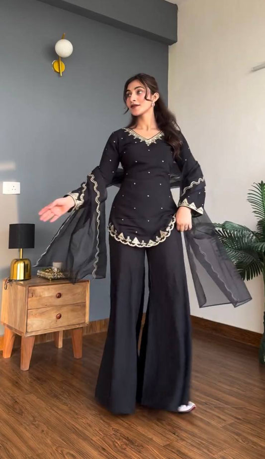 Premium Natural Crepe Silk Sharara Suit Set