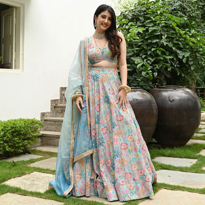 Premium Muslin Silk Multi-Color Digital Print Lehenga Set