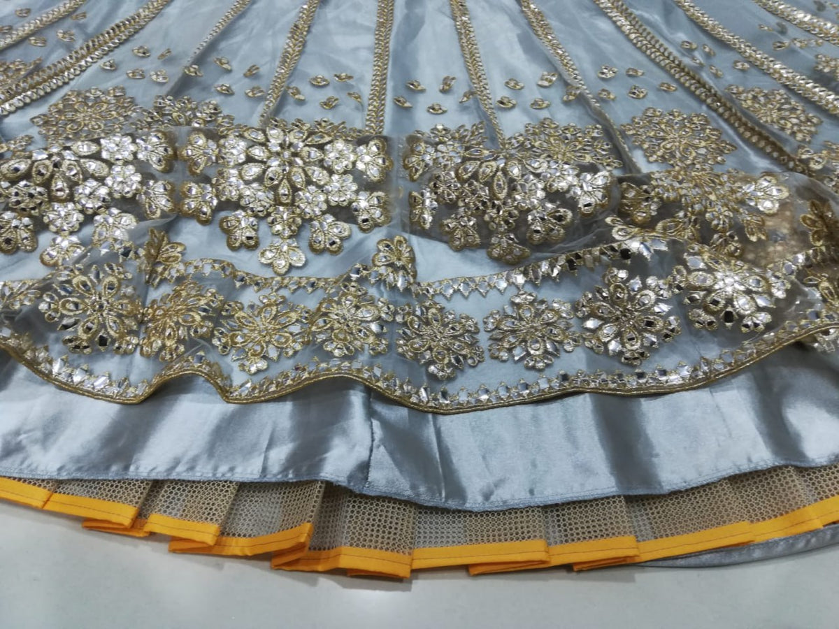 Elegant Gray Net Lehenga Choli with Mirror Jari Embroidery