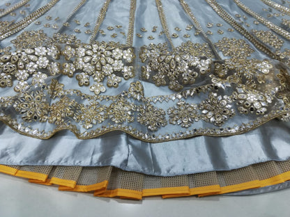 Elegant Gray Net Lehenga Choli with Mirror Jari Embroidery