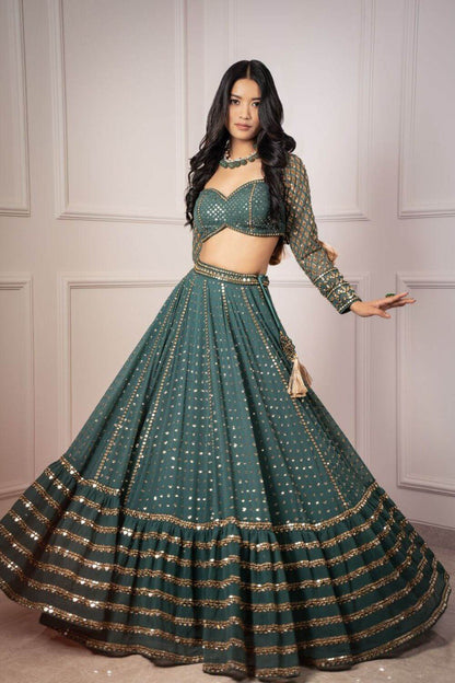 Bottle Green Embroidered Faux Georgette Lehenga Choli Set