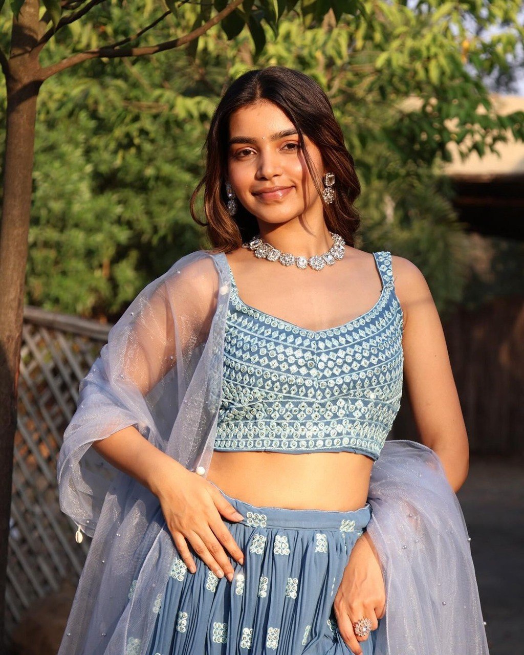 Elegant Dark Sky Blue Faux Georgette Lehenga Choli Set