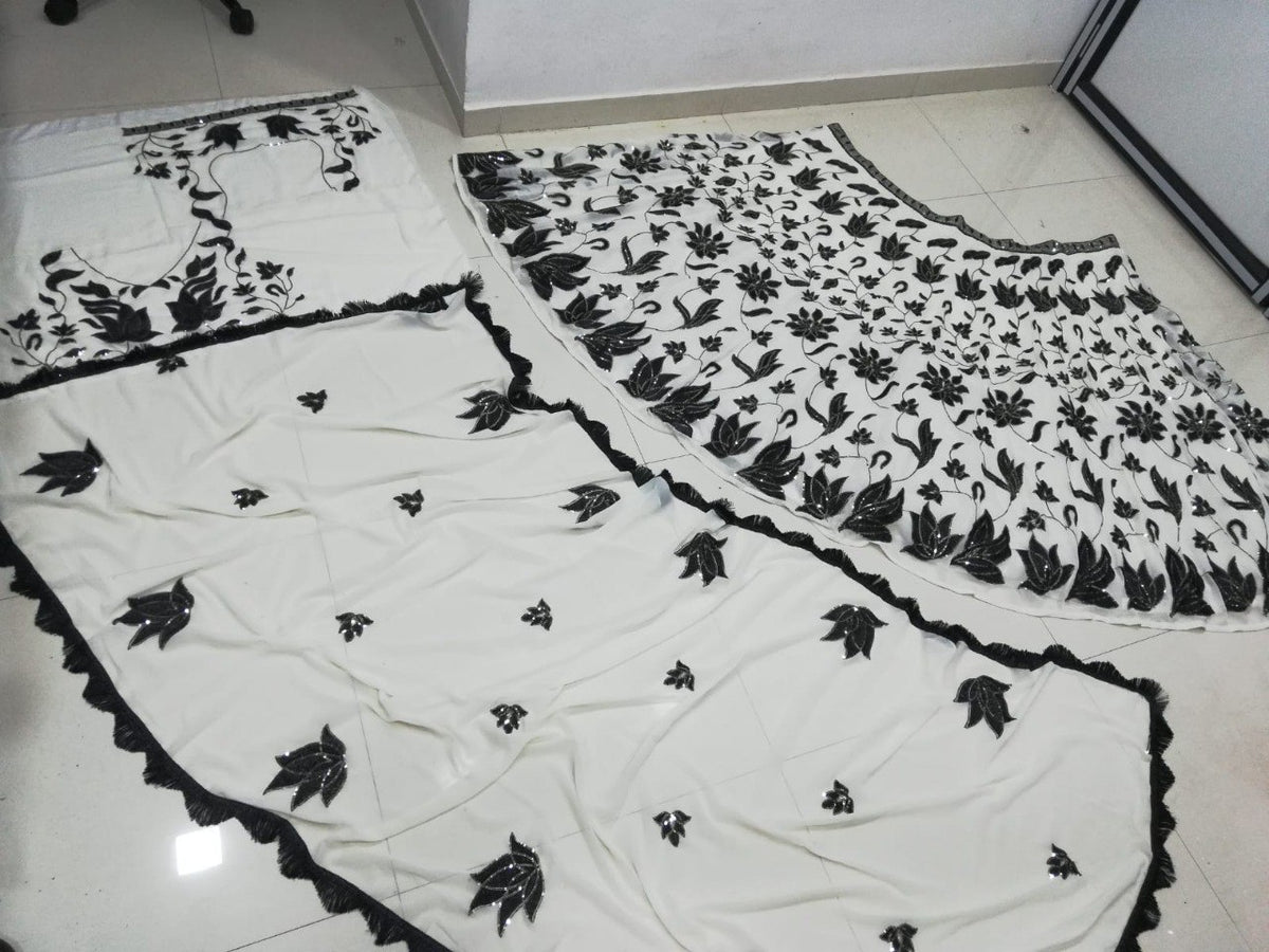 Elegant Black Off-White Faux Georgette Lehenga Choli set
