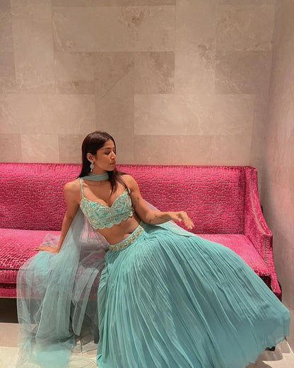 Turquoise Georgette Crush Work Lehenga Set