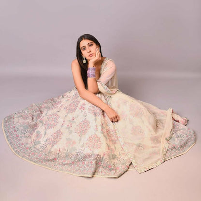 Exquisite Cream Georgette Lehenga Choli with Multi Thread Embroidery