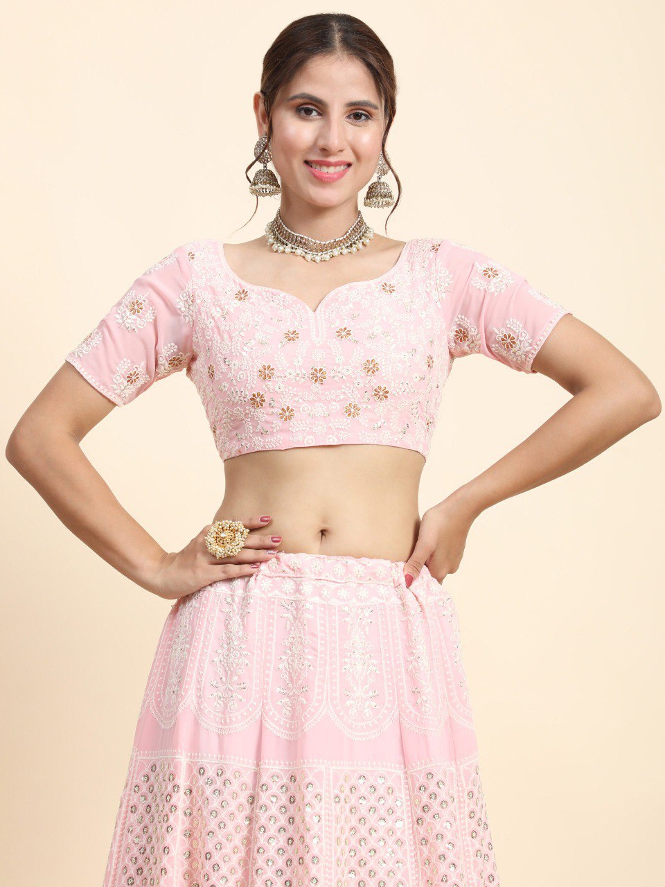 Faux Georgette Sequin Embroidered Lehenga Set