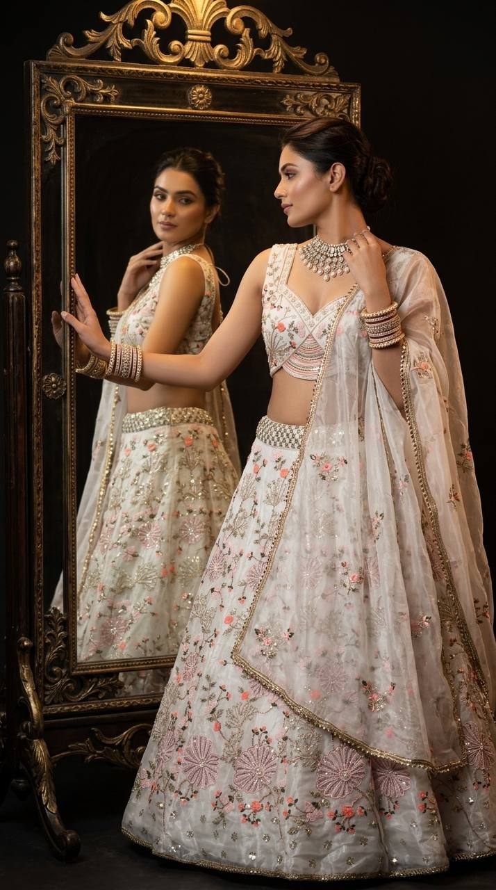 Elegant Tabby Silk Lehenga Choli with Pearl Sequins Embroidery