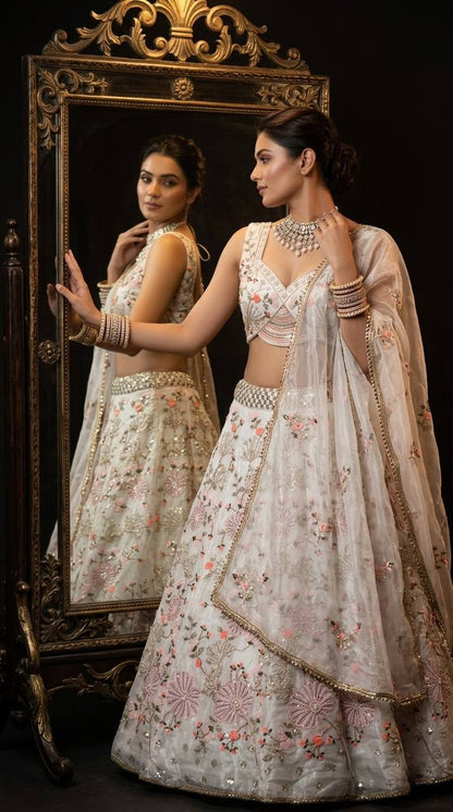 Elegant Tabby Silk Lehenga Choli with Pearl Sequins Embroidery
