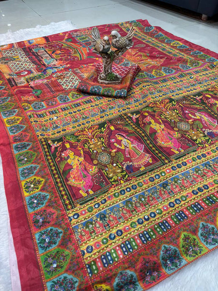Ajrakh Print Mirror Work Chinnon Saree