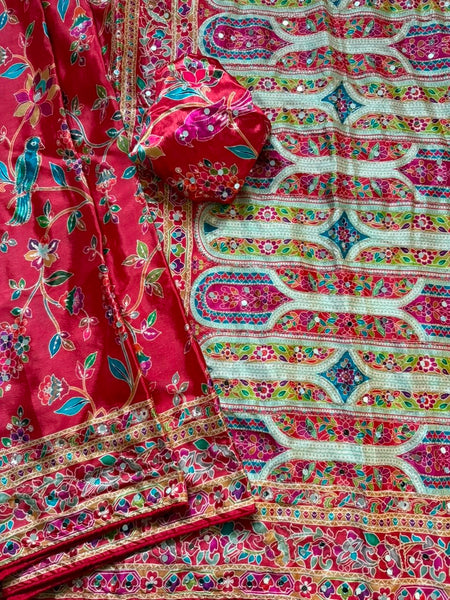 Shiny Chinnon Silk Fabric Ajarakh Print Ari Work Saree