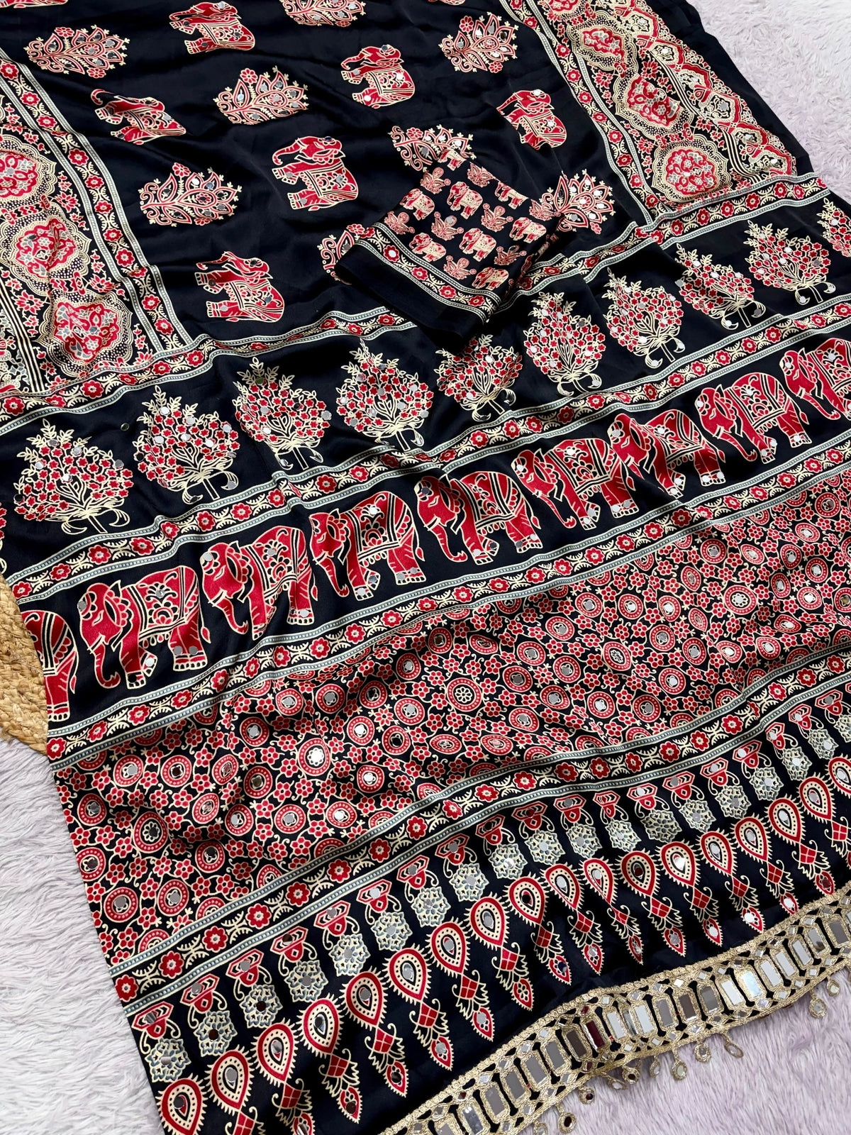 Bollywood Style Satin Crape Heavy Mirror Work Designer Saree