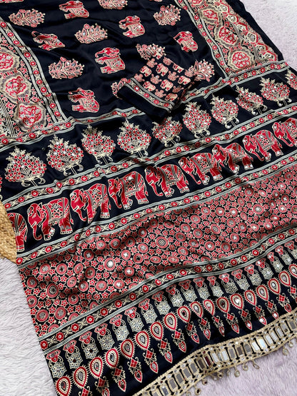 Bollywood Style Satin Crape Heavy Mirror Work Designer Saree