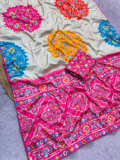 Soft Chinnon Printed Blouse with Real Mirror Work Saree