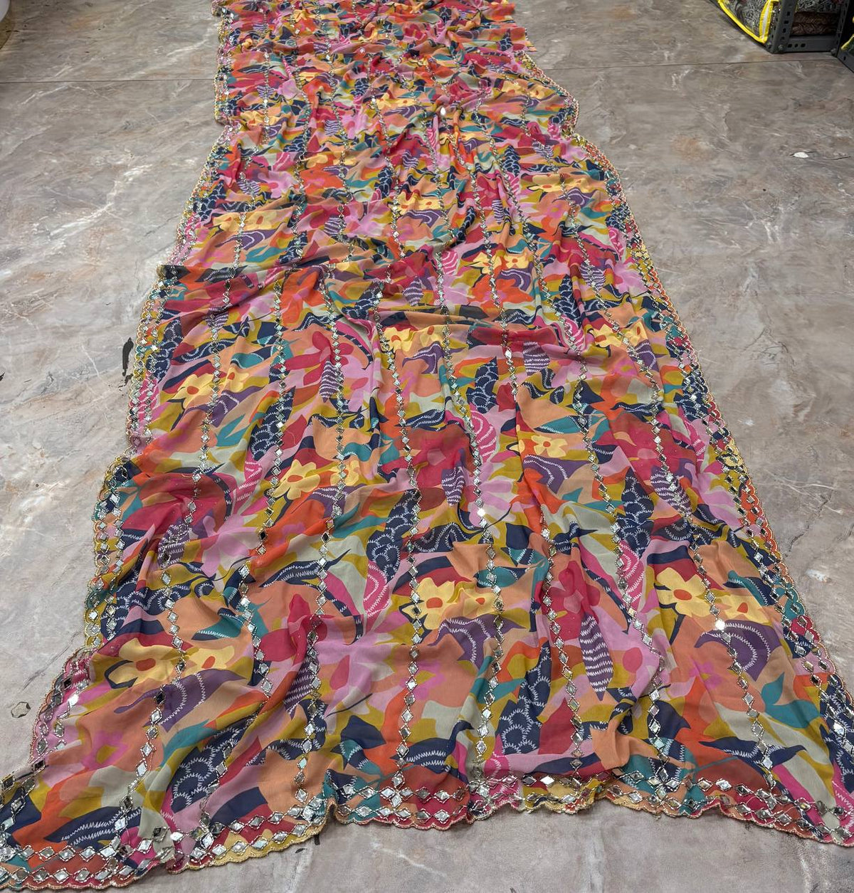 Elegant Digital Printed Star Georgette Saree with Handcrafted Real Mirror & Bead Embellishments