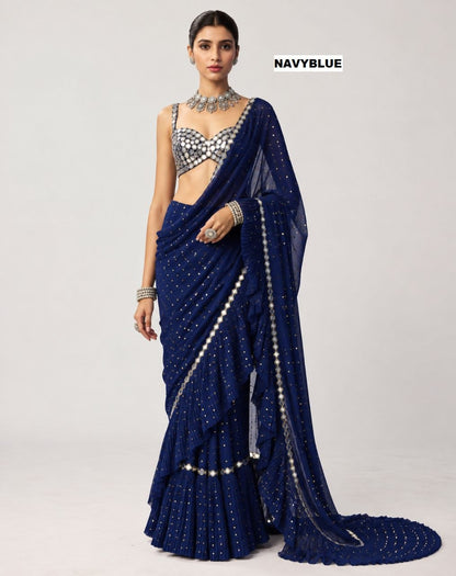 Sequins Faux Georgette Saree with Crush Pleats & Stitched Real Mirror Work Blouse