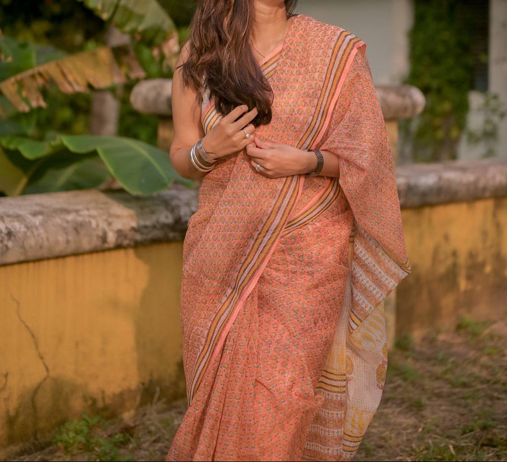 Peach Floral Digital Printed Premium Cotton Kota Check Saree