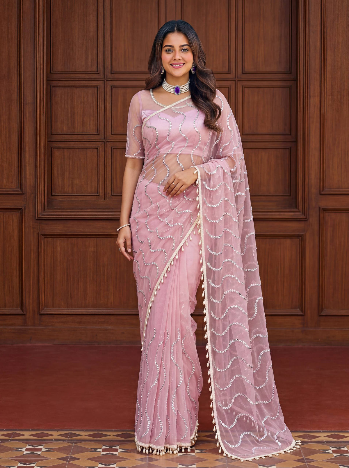 designer Net Embroidered Saree with Beads, Sequins & Pearl Work | Matching Unstitched Blouse