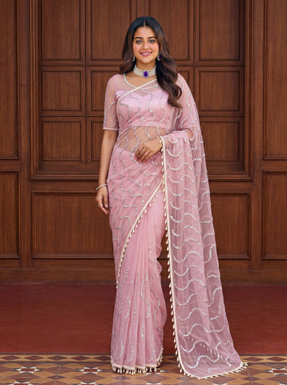 designer Net Embroidered Saree with Beads, Sequins & Pearl Work | Matching Unstitched Blouse