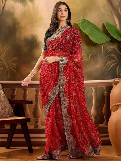 Red Soft Georgette Bandhani Saree with Heavy Embroidered Border & Banglori Satin Blouse Piece