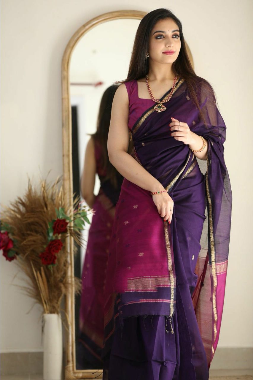Elegant Soft Linen Slub Saree with Rich Jacquard Weave & Contrast Border Blouse