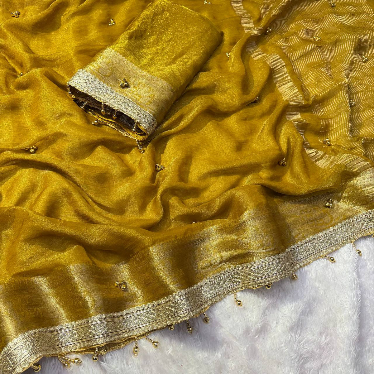 Premium Soft Tissue Silk Saree with Real Ghungroo Work & Minimal Border