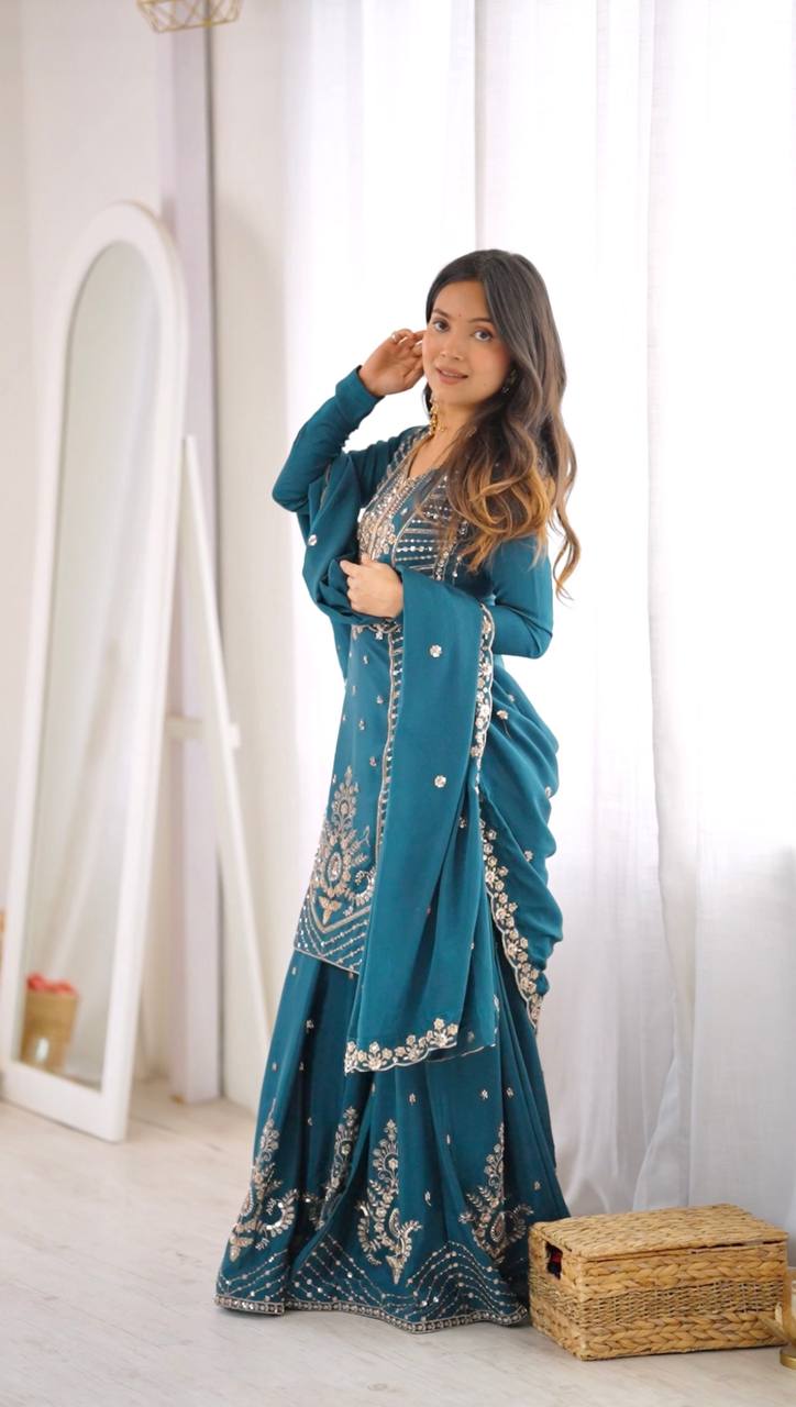 SP-107 teal Chinon silk suit full look