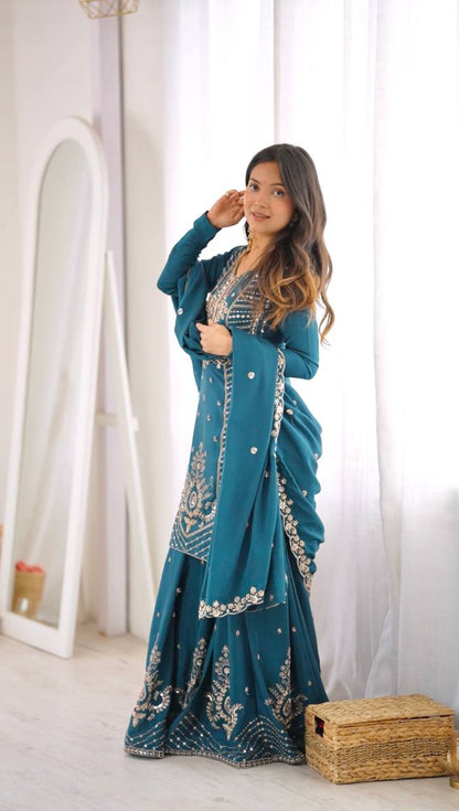 SP-107 teal Chinon silk suit full look