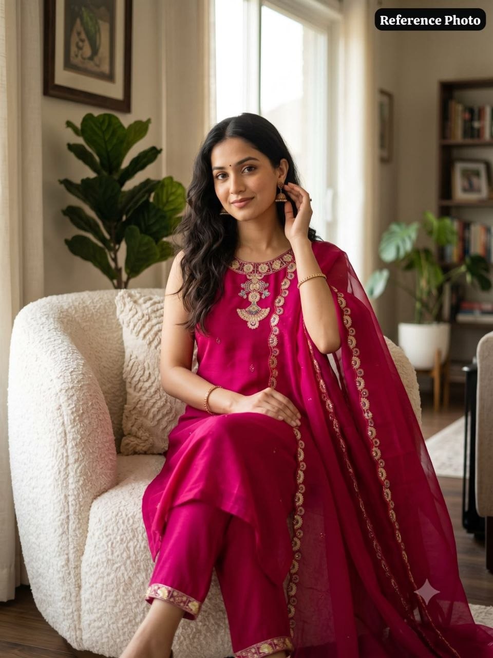 Model wearing pink embroidered kurta set reference photo 4