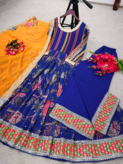 Designer Party Wear Look Digital Print Anarkali Suit With Embroidery Sequence Work With Bottom and Dupatta