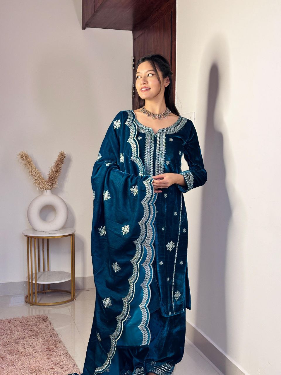Beautiful Teal Blue Color Heavy Velvet Thread Sequence Work Salwar Suit