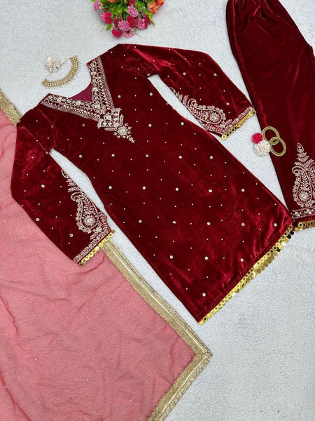 Designer Velvet Salwar Suit With Rivet Moti Work And Sequence Work