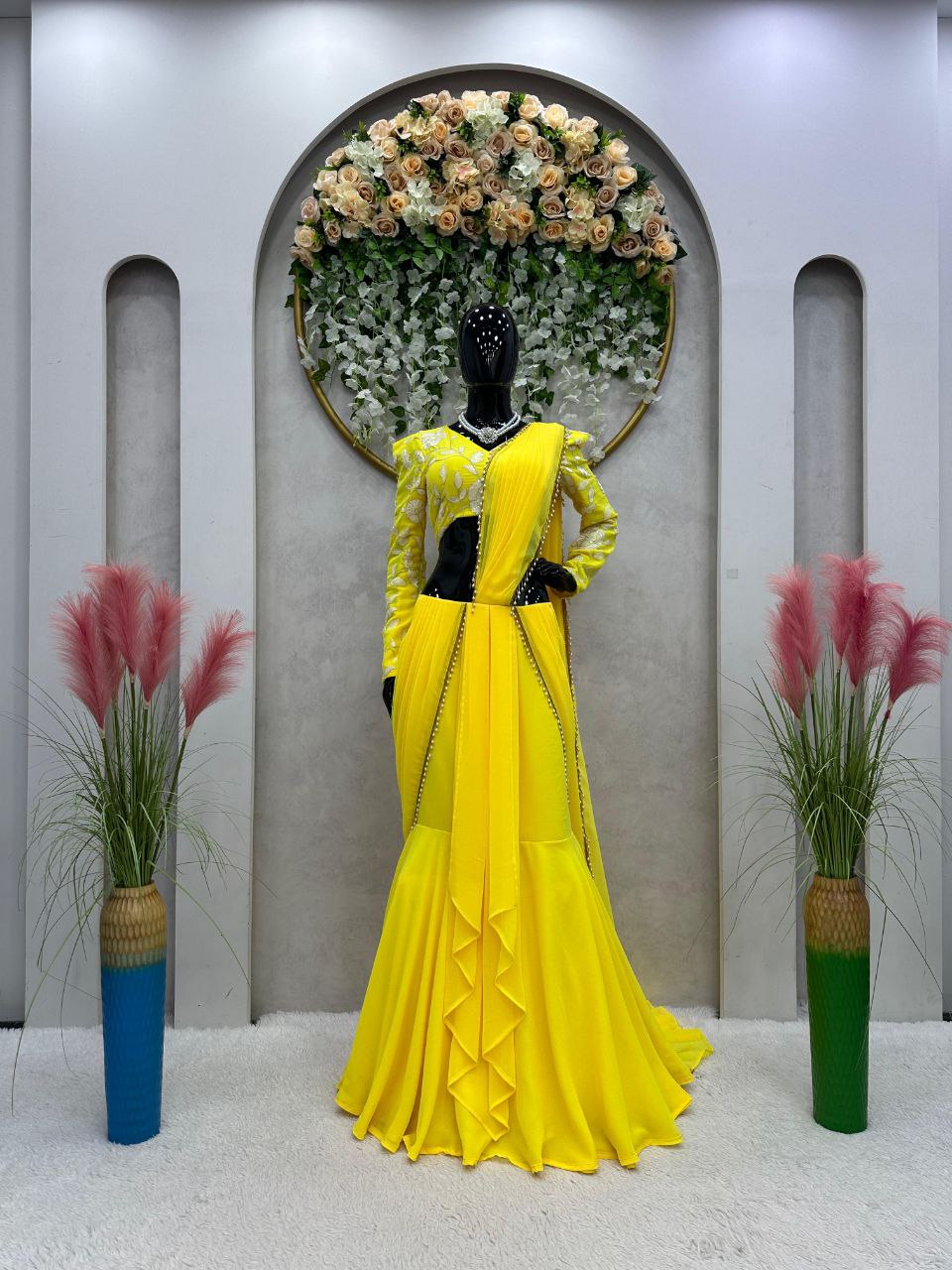 Beautiful Yellow Color Read to Wear Fish Cut Lehenga saree