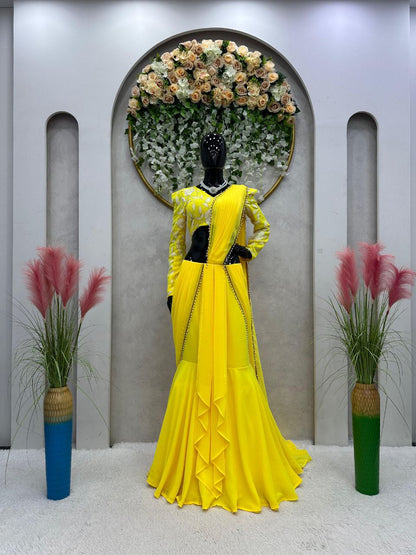 Beautiful Yellow Color Read to Wear Fish Cut Lehenga saree