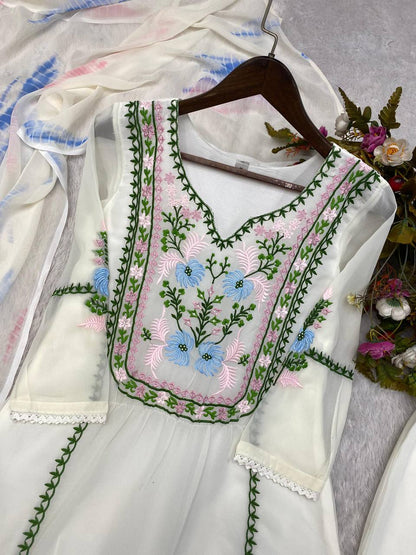 Desirable Fancy Georgette Embroidered Work Top And Pent With Dupatta