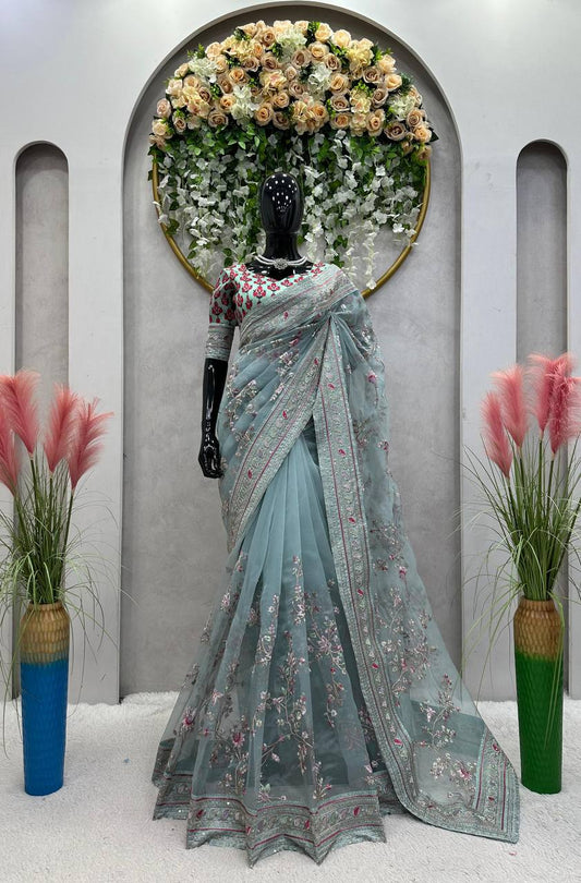 Party Wear Sea Green Color Organza Silk Sequence Thread Printed Work Saree Blouse