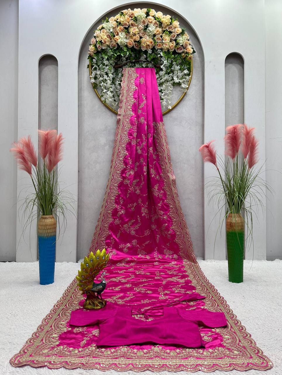 Party Wear Pink Color Japan Satin Sequence Work Saree Blouse