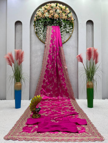 Party Wear Pink Color Japan Satin Sequence Work Saree Blouse