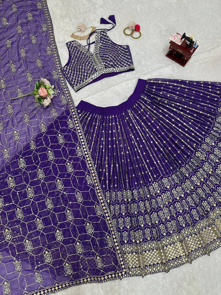 Latest Purple Georgette Sequence Work Lehenga Choli For Wedding Wear