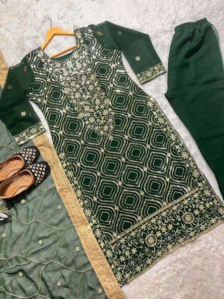 Green Color Party Wear Georgette Sequence Work Ready Made Salwar Suit