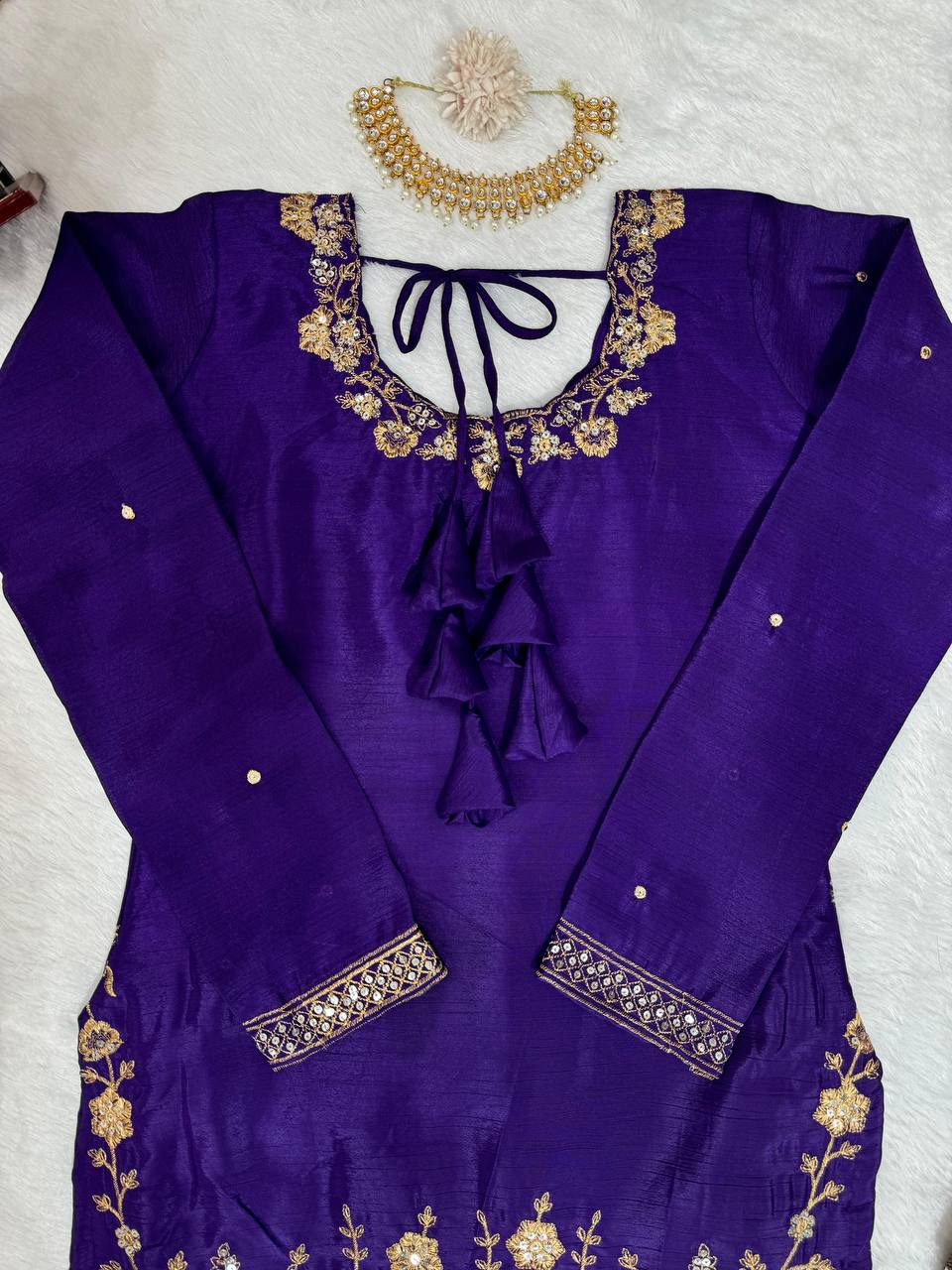 Violet Color Thread Sequence Work Chinon Silk Salwar Suit