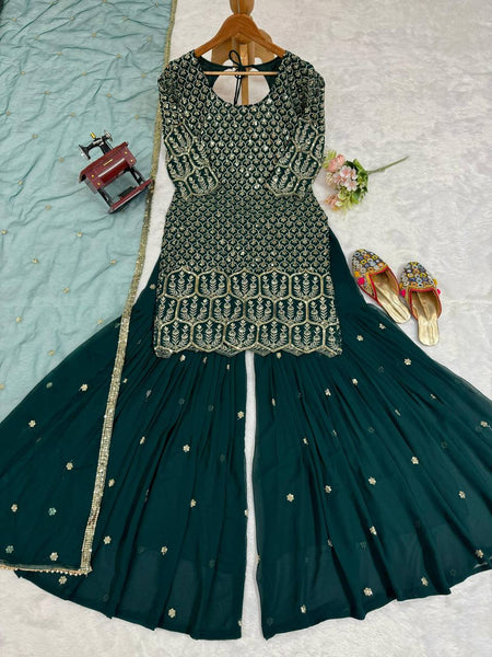 Party Wear Green Color Georgette Sequence Work Sharara Suit