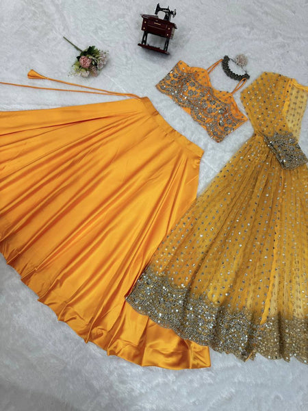 Yellow Color Japan Satin Sequence Thread Work Koti Lehenga Choli